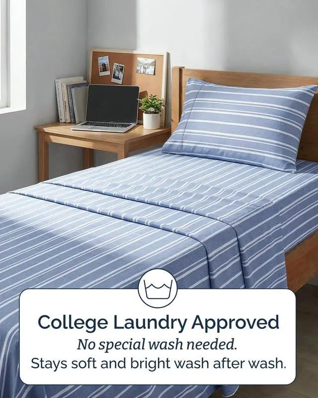 Alt view image 6 of 7 - Twin XL Size 3 Piece Sheet Set - Comfy Breathable & Cooling Sheets - Hotel Luxury Bed Sheets for Women & Men - Deep Pockets, Easy-Fit, Soft & Wrinkle Free Sheets - Blue Stripes Oeko-Tex Bed Sheet Set