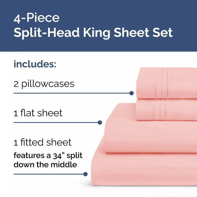 Alt view image 2 of 7 - Flex Top Split Head King 4 Piece Sheet Set - Soft, Breathable & Cooling Bed Sheets Set - Hotel Luxury Bedding for Women & Men with Deep Pockets - Wrinkle Free & Fade Resistant - Oeko-Tex - Baby Pink