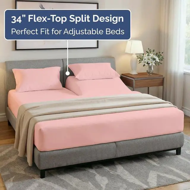 Alt view image 3 of 7 - Flex Top Split Head King 4 Piece Sheet Set - Soft, Breathable & Cooling Bed Sheets Set - Hotel Luxury Bedding for Women & Men with Deep Pockets - Wrinkle Free & Fade Resistant - Oeko-Tex - Baby Pink