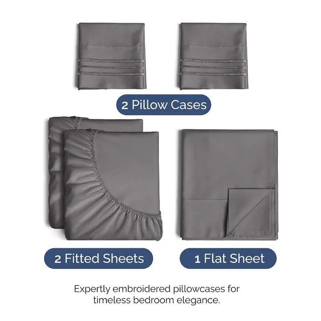 Alt view image 2 of 7 - Split King Size 5 Piece Sheet Set - Comfy Breathable & Cooling Sheets - Hotel Luxury Bed Sheets for Women & Men - Deep Pockets, Easy-Fit, Soft & Wrinkle Free Sheets - Dark Grey Oeko-Tex Bed Sheet Set