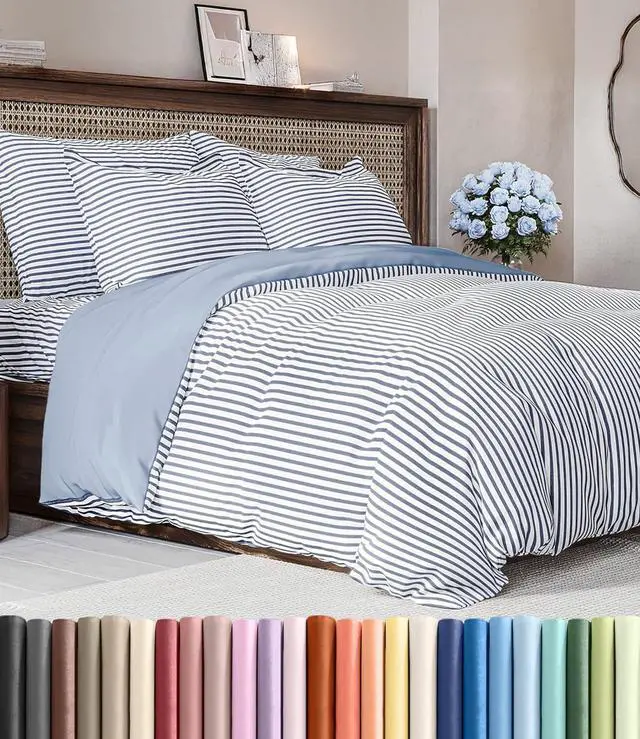 Main image of Duvet Cover King Size Set - Extra Soft King Duvet Cover 104" x 90" with 2 Pillow Shams for Women, Men, Kids & Teens - Hotel Luxury w/ Zipper Closures & Ties - Comfy, Cozy & Breathable (Blue Stripes)