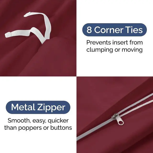 Alt view image 4 of 7 - Duvet Cover Full Size Set - Extra Soft Full Duvet Cover 80" x 90" with 2 Pillow Shams for Women, Men, Kids & Teens - Hotel Luxury, Easy-Care w/ Zipper Closures & Ties - Comfy & Breathable (Burgundy)