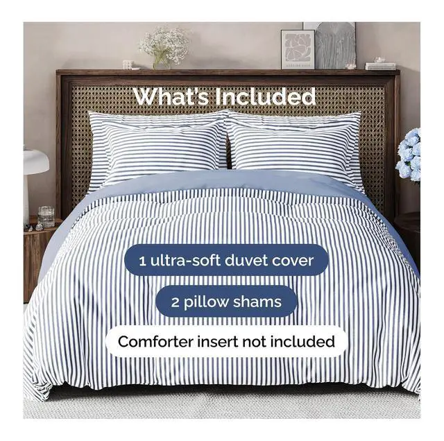 Alt view image 2 of 7 - Duvet Cover King Size Set - Extra Soft King Duvet Cover 104" x 90" with 2 Pillow Shams for Women, Men, Kids & Teens - Hotel Luxury w/ Zipper Closures & Ties - Comfy, Cozy & Breathable (Blue Stripes)