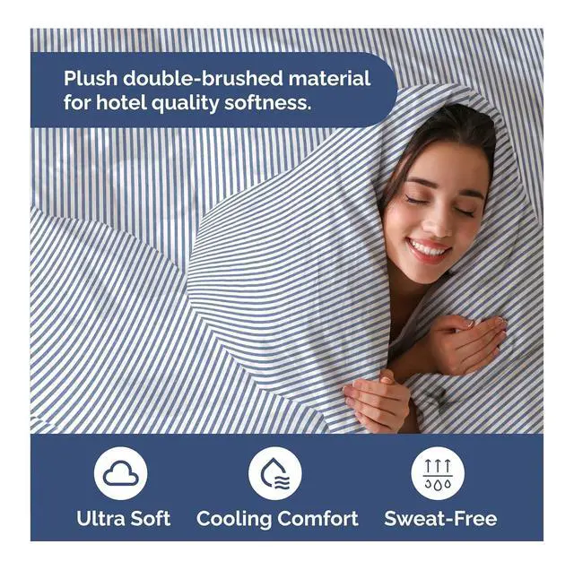 Alt view image 3 of 7 - Duvet Cover King Size Set - Extra Soft King Duvet Cover 104" x 90" with 2 Pillow Shams for Women, Men, Kids & Teens - Hotel Luxury w/ Zipper Closures & Ties - Comfy, Cozy & Breathable (Blue Stripes)
