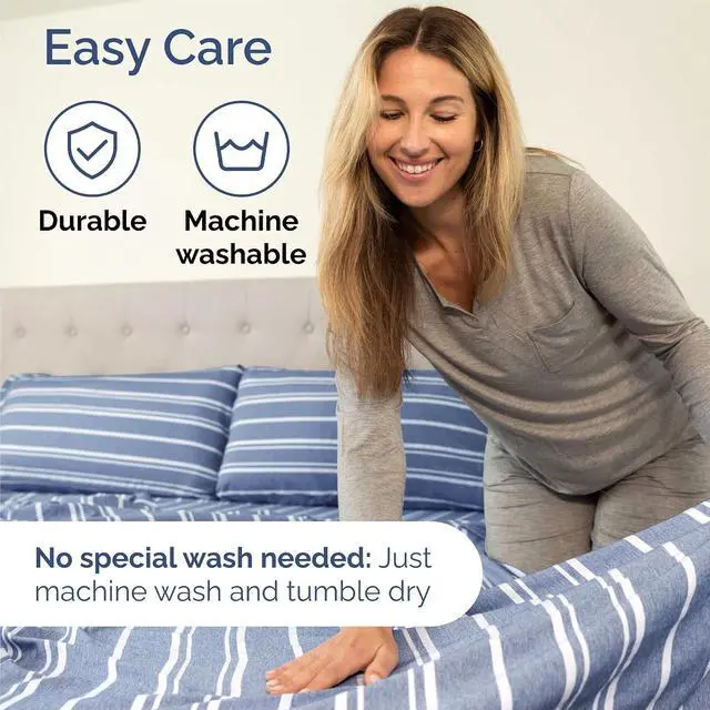 Alt view image 6 of 7 - Queen Size 4 Piece Sheet Set - Comfy Breathable & Cooling Sheets - Hotel Luxury Bed Sheets for Women & Men - Deep Pockets, Easy-Fit, Soft & Wrinkle Free Sheets - Blue Stripes Oeko-Tex Bed Sheet Set