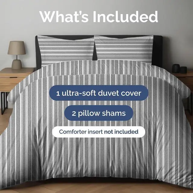 Alt view image 2 of 7 - Duvet Cover Cal King Size Set - Extra Soft Cal King Duvet Cover 104" x 98" with 2 Pillow Shams for Women, Men, Kids & Teens - Comfy, Breathable, Hotel Luxury w/ Zipper Closures & Ties (Grey Stripes)