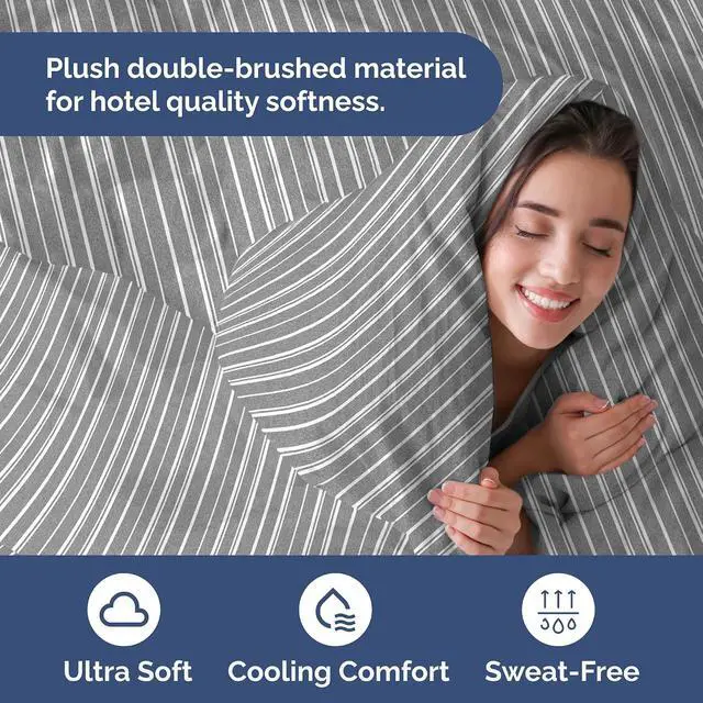 Alt view image 3 of 7 - Duvet Cover Cal King Size Set - Extra Soft Cal King Duvet Cover 104" x 98" with 2 Pillow Shams for Women, Men, Kids & Teens - Comfy, Breathable, Hotel Luxury w/ Zipper Closures & Ties (Grey Stripes)