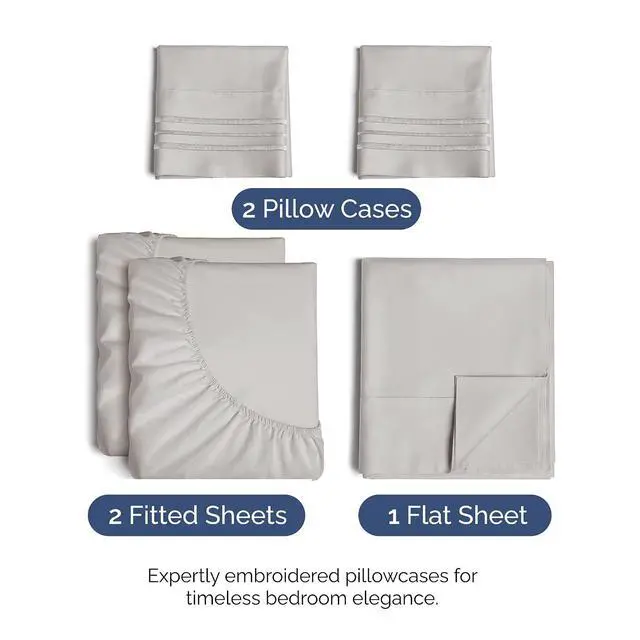 Alt view image 2 of 7 - Split King Size 5 Piece Sheet Set - Comfy Breathable & Cooling Sheets - Hotel Luxury Bed Sheets for Women & Men - Deep Pockets, Easy-Fit, Soft & Wrinkle Free Sheets - Light Grey Oeko-Tex Bed Sheet Set