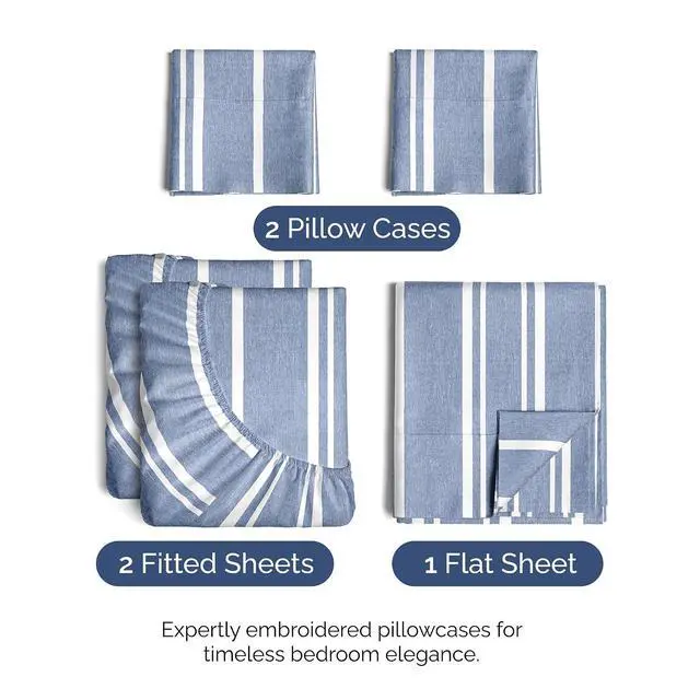 Alt view image 2 of 7 - Split King Size 5 Piece Sheet Set - Comfy Breathable & Cooling Sheets - Hotel Luxury Bed Sheets for Women & Men - Deep Pockets, Easy-Fit, Soft & Wrinkle Free Sheets - Blue Stripes Oeko-Tex Bed Sheets