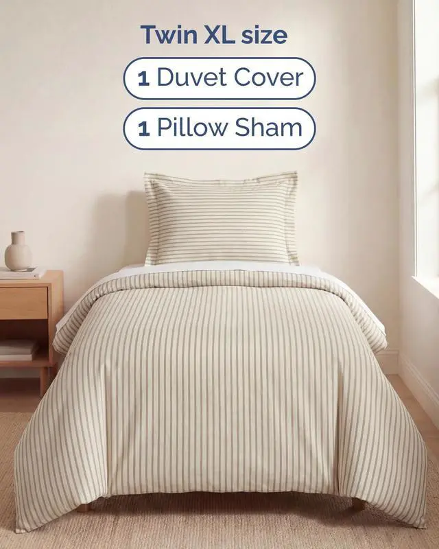 Alt view image 3 of 7 - Duvet Cover Twin/Twin XL Size Set - Extra Soft Twin/Twin XL Duvet Cover 68" x 90" with 1 Pillow Sham for Women, Men, Kids & Teens - Easy-Care & Fade Free with Zipper Closures & Ties (Beige Stripes)