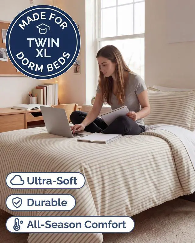 Alt view image 2 of 7 - Duvet Cover Twin/Twin XL Size Set - Extra Soft Twin/Twin XL Duvet Cover 68" x 90" with 1 Pillow Sham for Women, Men, Kids & Teens - Easy-Care & Fade Free with Zipper Closures & Ties (Beige Stripes)
