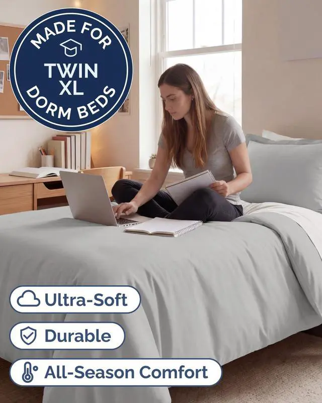Alt view image 2 of 7 - Duvet Cover Twin/Twin XL Size Set - Extra Soft Twin/Twin XL Duvet Cover 68" x 90" with 1 Pillow Sham for Women, Men, Kids & Teens - Comfy, Easy-Care & Fade Free w/Zipper Closures & Ties (French Grey)
