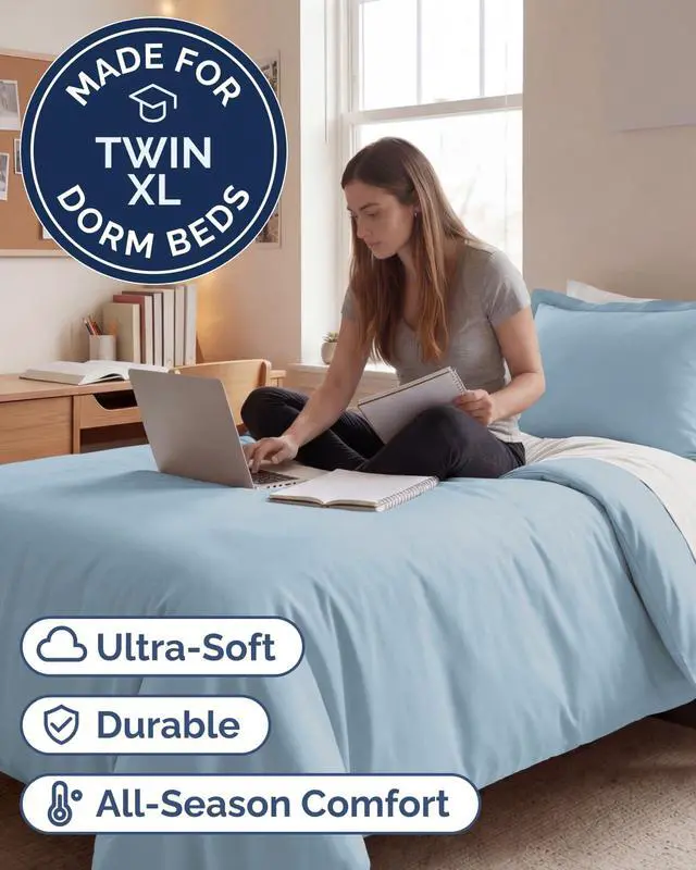 Alt view image 2 of 7 - Duvet Cover Twin/Twin XL Size Set - Extra Soft Twin/Twin XL Duvet Cover 68" x 90" with 1 Pillow Sham for Women, Men, Kids & Teens - Comfy, Easy-Care & Fade Free w/Zipper Closures & Ties (Light Blue)