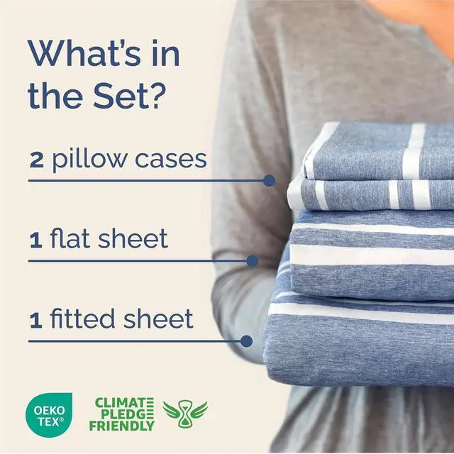 Alt view image 2 of 7 - King Size 4 Piece Sheet Set - Comfy Breathable & Cooling Sheets - Hotel Luxury Bed Sheets for Women & Men - Deep Pockets, Easy-Fit, Soft and Wrinkle Free Sheets - Blue Stripes Oeko-Tex Bed Sheet Set