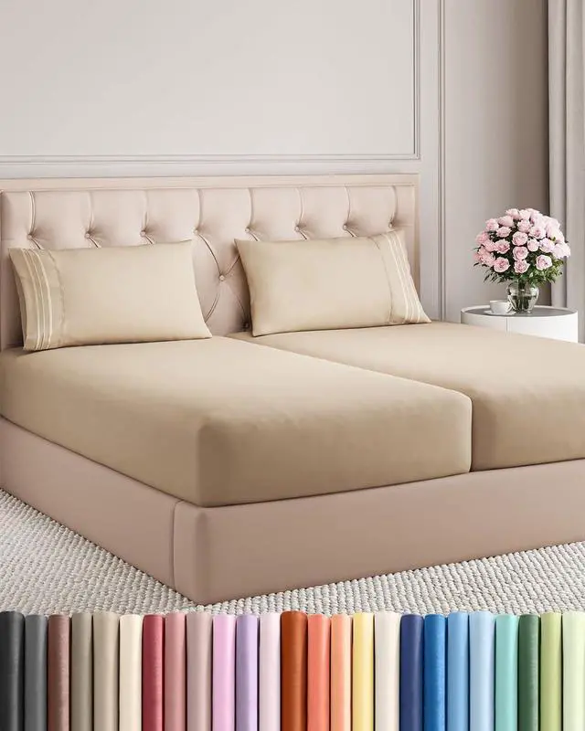 Main image of Split King Size 5 Piece Sheet Set - Comfy Breathable & Cooling Sheets - Hotel Luxury Bed Sheets for Women & Men - Deep Pockets, Easy-Fit, Soft and Wrinkle Free Sheets - Cream Oeko-Tex Bed Sheet Set