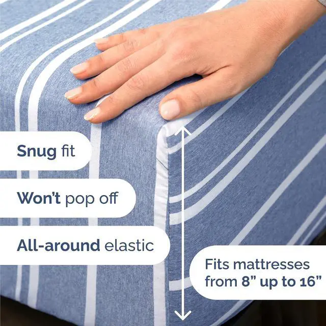 Alt view image 3 of 7 - King Size 4 Piece Sheet Set - Comfy Breathable & Cooling Sheets - Hotel Luxury Bed Sheets for Women & Men - Deep Pockets, Easy-Fit, Soft and Wrinkle Free Sheets - Blue Stripes Oeko-Tex Bed Sheet Set