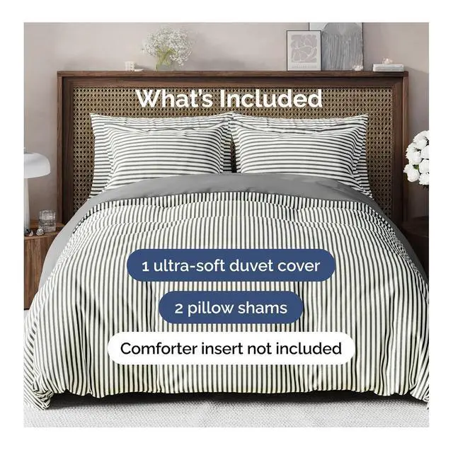 Alt view image 2 of 7 - Duvet Cover Queen Size Set - Extra Soft Queen Duvet Cover 90" x 90" with 2 Pillow Shams for Women, Men, Kids & Teens - Hotel Luxury w/ Zipper Closures & Ties - Comfy, Cozy & Breathable (Grey Stripes)