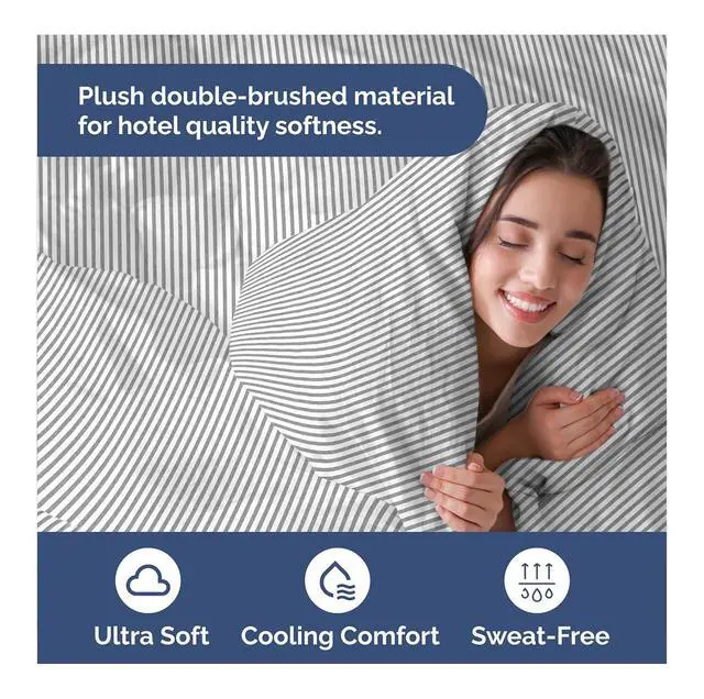 Alt view image 3 of 7 - Duvet Cover Queen Size Set - Extra Soft Queen Duvet Cover 90" x 90" with 2 Pillow Shams for Women, Men, Kids & Teens - Hotel Luxury w/ Zipper Closures & Ties - Comfy, Cozy & Breathable (Grey Stripes)