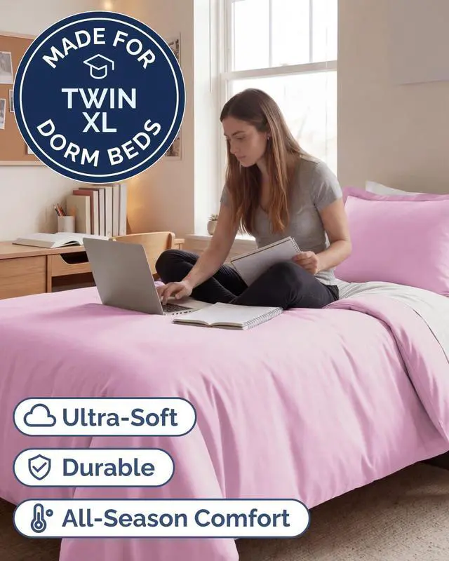 Alt view image 2 of 7 - Duvet Cover Twin/Twin XL Size Set - Extra Soft Twin/Twin XL Duvet Cover 68" x 90" with 1 Pillow Sham for Women, Men, Kids & Teens - Comfy, Easy-Care & Fade Free w/Zipper Closures & Ties (Light Pink)