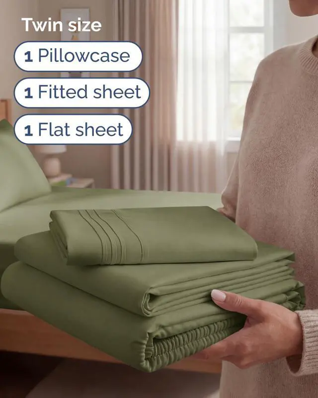 Alt view image 3 of 7 - Twin Size 3 Piece Sheet Set - Comfy Breathable & Cooling Sheets - Hotel Luxury Bed Sheets for Women and Men - Deep Pockets, Easy-Fit, Soft and Wrinkle Free Sheets - Sage Green Oeko-Tex Bed Sheet Set