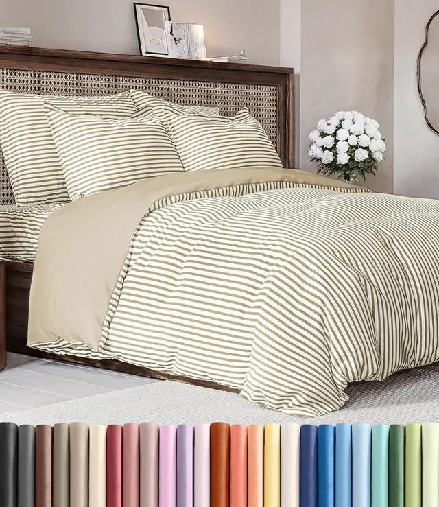 Main image of Duvet Cover Full Size Set - Extra Soft Full Duvet Cover 80" x 90" with 2 Pillow Shams for Women, Men, Kids & Teens - Hotel Luxury w/ Zipper Closures & Ties - Comfy, Cozy & Breathable (Beige Stripes)