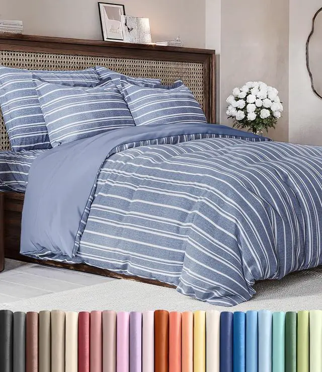 Main image of Duvet Cover Full Size Set - Extra Soft Full Duvet Cover 80" x 90" with 2 Pillow Shams for Women, Men, Kids & Teens - Hotel Luxury w/ Zipper Closures & Ties - Comfy, Cozy & Breathable (Blue Stripes)