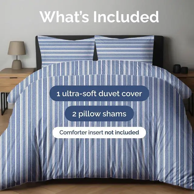 Alt view image 2 of 7 - Duvet Cover Full Size Set - Extra Soft Full Duvet Cover 80" x 90" with 2 Pillow Shams for Women, Men, Kids & Teens - Hotel Luxury w/ Zipper Closures & Ties - Comfy, Cozy & Breathable (Blue Stripes)