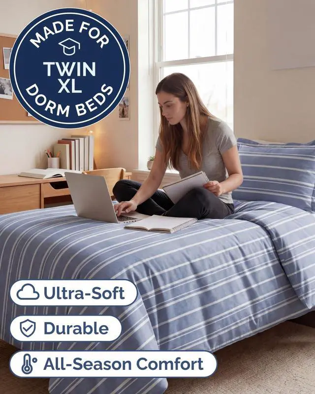 Alt view image 2 of 7 - Duvet Cover Queen Size Set - Extra Soft Queen Duvet Cover 90" x 90" with 2 Pillow Shams for Women, Men, Kids & Teens - Hotel Luxury w/Zipper Closures & Ties - Comfy, Cozy & Breathable (Beige Stripes)