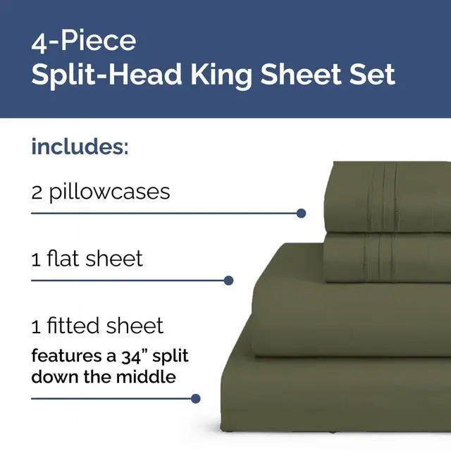 Alt view image 2 of 7 - Flex Top Split Head King 4 Piece Sheet Set - Ultra-Soft, Breathable & Cooling Bed Sheets Set - Hotel Luxury Bedding for Women & Men with Deep Pockets - Wrinkle and Fade Free - Oeko-Tex - Sage Green