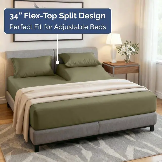 Alt view image 3 of 7 - Flex Top Split Head King 4 Piece Sheet Set - Ultra-Soft, Breathable & Cooling Bed Sheets Set - Hotel Luxury Bedding for Women & Men with Deep Pockets - Wrinkle and Fade Free - Oeko-Tex - Sage Green