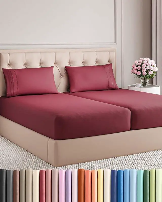 Main image of Split King Size 5 Piece Sheet Set - Comfy Breathable & Cooling Sheets - Hotel Luxury Bed Sheets for Women & Men - Deep Pockets, Easy-Fit, Soft & Wrinkle Free Sheets - Burgundy Oeko-Tex Bed Sheet Set