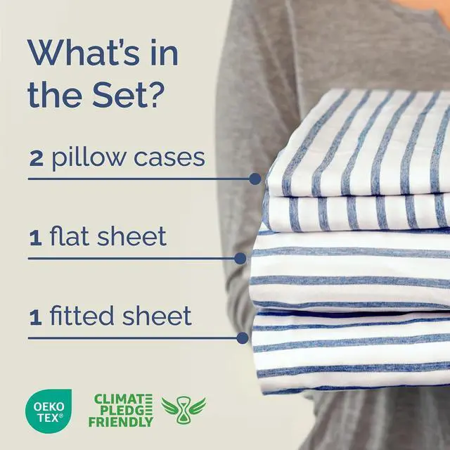 Alt view image 2 of 7 - Cal King Size 4 Piece Sheet Set - Comfy Breathable & Cooling Sheets - Hotel Luxury Bed Sheets for Women & Men - Deep Pockets, Easy-Fit, Soft & Wrinkle Free Sheets - Blue Stripes Oeko-Tex Bed Sheet Set