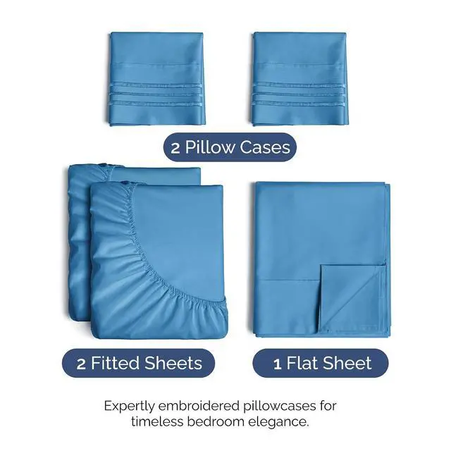 Alt view image 2 of 7 - Split King Size 5 Piece Sheet Set - Comfy Breathable & Cooling Sheets - Hotel Luxury Bed Sheets for Women & Men - Deep Pockets, Easy-Fit, Soft & Wrinkle Free Sheets - Denim Blue Oeko-Tex Bed Sheet Set