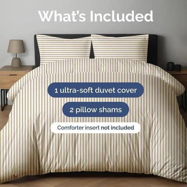 Alt view image 2 of 7 - Duvet Cover Cal King Size Set - Extra Soft Cal King Duvet Cover 104" x 98" with 2 Pillow Shams for Women, Men, Kids & Teens - Comfy, Breathable, Hotel Luxury w/ Zipper Closures & Ties (Beige Stripes)