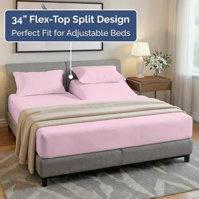 Alt view image 3 of 7 - Flex Top Split Head King 4 Piece Sheet Set - Ultra-Soft, Breathable & Cooling Bed Sheets Set - Hotel Luxury Bedding for Women & Men with Deep Pockets - Wrinkle and Fade Free - Oeko-Tex - Light Pink