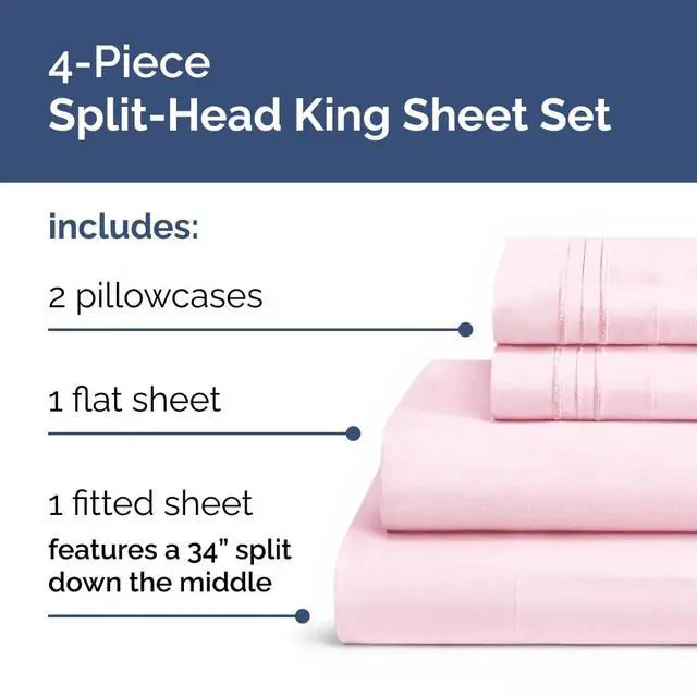 Alt view image 2 of 7 - Flex Top Split Head King 4 Piece Sheet Set - Ultra-Soft, Breathable & Cooling Bed Sheets Set - Hotel Luxury Bedding for Women & Men with Deep Pockets - Wrinkle and Fade Free - Oeko-Tex - Light Pink