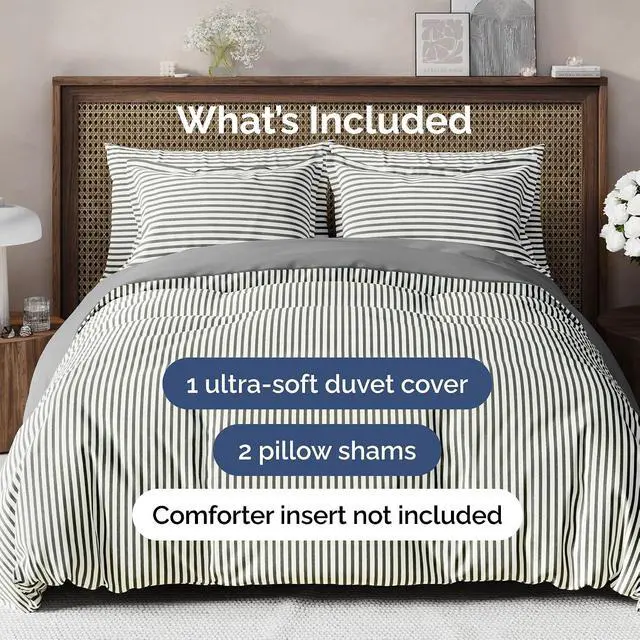 Alt view image 2 of 7 - Duvet Cover Full Size Set - Extra Soft Full Duvet Cover 80" x 90" with 2 Pillow Shams for Women, Men, Kids & Teens - Hotel Luxury w/ Zipper Closures & Ties - Comfy, Cozy & Breathable (Grey Stripes)