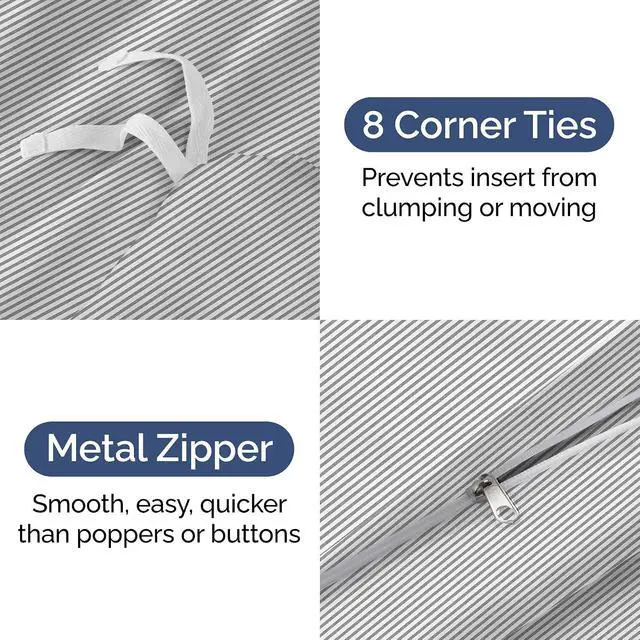 Alt view image 4 of 7 - Duvet Cover Full Size Set - Extra Soft Full Duvet Cover 80" x 90" with 2 Pillow Shams for Women, Men, Kids & Teens - Hotel Luxury w/ Zipper Closures & Ties - Comfy, Cozy & Breathable (Grey Stripes)