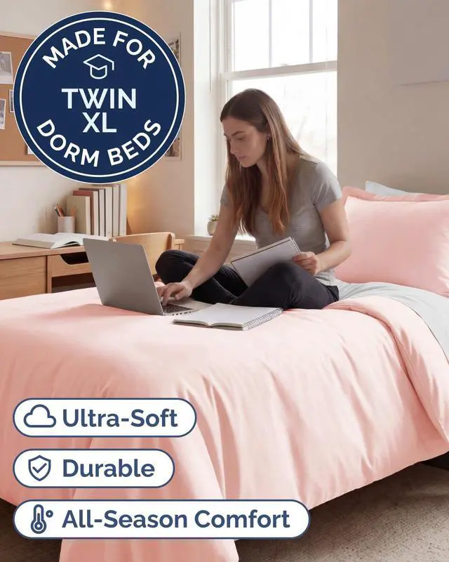 Alt view image 2 of 7 - Duvet Cover Twin/Twin XL Size Set - Extra Soft Twin/Twin XL Duvet Cover 68" x 90" with 1 Pillow Sham for Women, Men, Kids & Teens - Comfy, Easy-Care & Fade Free w/Zipper Closures & Ties (Baby Pink)