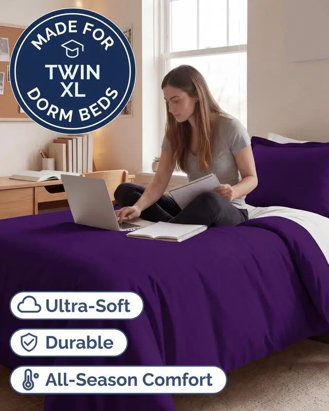 Alt view image 2 of 7 - Duvet Cover Twin/Twin XL Size Set - Extra Soft Twin/Twin XL Duvet Cover 68" x 90" with 1 Pillow Sham for Women, Men, Kids & Teens - Comfy, Easy-Care & Fade Free with Zipper Closures and Ties (Purple)