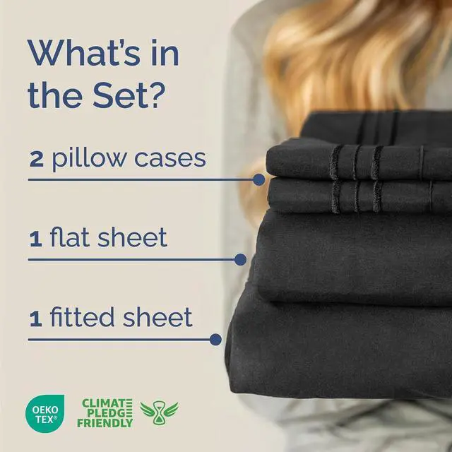 Alt view image 2 of 7 - Cal King Size 4 Piece Sheet Set - Comfy Breathable & Cooling Sheets - Hotel Luxury Bed Sheets for Women & Men - Deep Pockets, Easy-Fit, Extra Soft & Wrinkle Free Sheets - Black Oeko-Tex Bed Sheet Set