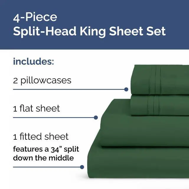 Alt view image 2 of 7 - Flex Top Split Head King 4 Piece Sheet Set - Ultra-Soft, Breathable & Cooling Bed Sheets Set - Hotel Luxury Bedding for Women & Men with Deep Pockets - Wrinkle & Fade Free - Oeko-Tex - Emerald Green