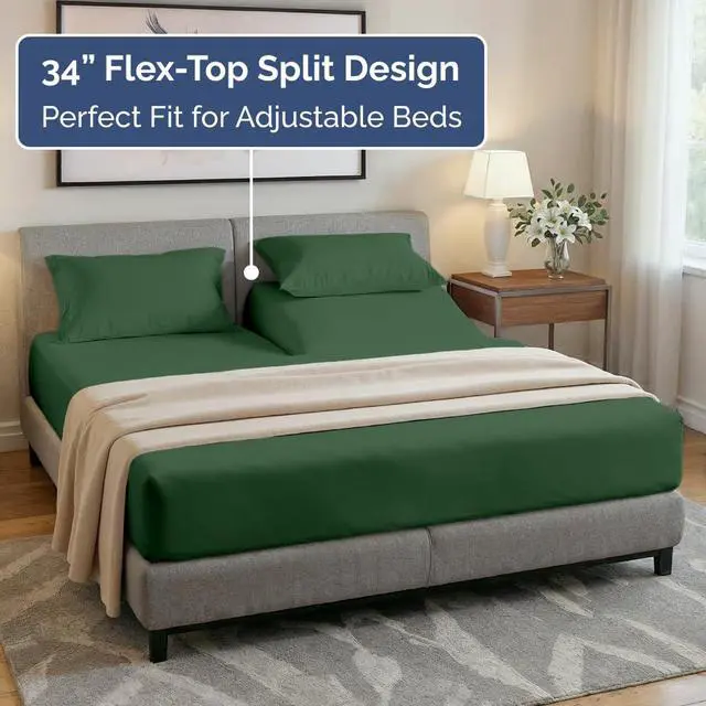 Alt view image 3 of 7 - Flex Top Split Head King 4 Piece Sheet Set - Ultra-Soft, Breathable & Cooling Bed Sheets Set - Hotel Luxury Bedding for Women & Men with Deep Pockets - Wrinkle & Fade Free - Oeko-Tex - Emerald Green