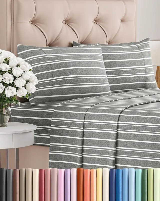 Main image of Queen Size 4 Piece Sheet Set - Comfy Breathable & Cooling Sheets - Hotel Luxury Bed Sheets for Women & Men - Deep Pockets, Easy-Fit, Soft & Wrinkle Free Sheets - Grey Stripes Oeko-Tex Bed Sheet Set
