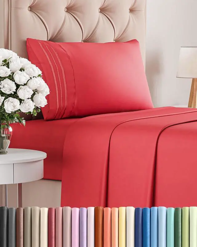 Main image of Twin Size 3 Piece Sheet Set - Comfy Breathable & Cooling Sheets - Hotel Luxury Bed Sheets for Women & Men - Deep Pockets, Easy-Fit, Extra Soft & Wrinkle Free Sheets - Red Oeko-Tex Bed Sheet Set