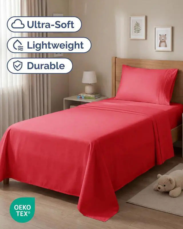 Alt view image 2 of 7 - Twin Size 3 Piece Sheet Set - Comfy Breathable & Cooling Sheets - Hotel Luxury Bed Sheets for Women & Men - Deep Pockets, Easy-Fit, Extra Soft & Wrinkle Free Sheets - Red Oeko-Tex Bed Sheet Set