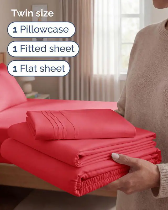 Alt view image 3 of 7 - Twin Size 3 Piece Sheet Set - Comfy Breathable & Cooling Sheets - Hotel Luxury Bed Sheets for Women & Men - Deep Pockets, Easy-Fit, Extra Soft & Wrinkle Free Sheets - Red Oeko-Tex Bed Sheet Set
