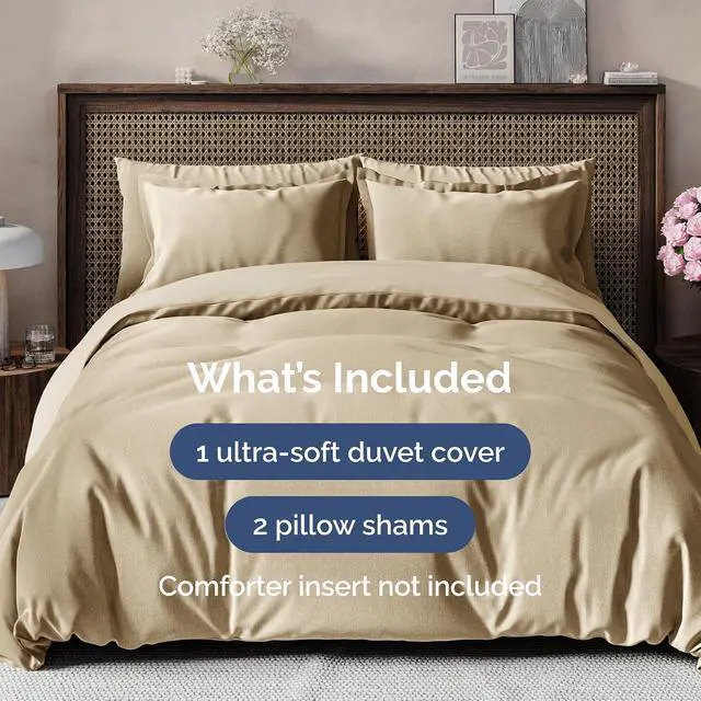 Alt view image 2 of 7 - Duvet Cover Cal King Size Set - Extra Soft Cal King Duvet Cover 104" x 98" with 2 Pillow Shams for Women, Men, Kids & Teens - Comfy, Breathable, Hotel Luxury w/ Zipper Closures & Ties (Heathered Tan)