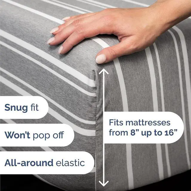 Alt view image 3 of 7 - Queen Size 4 Piece Sheet Set - Comfy Breathable & Cooling Sheets - Hotel Luxury Bed Sheets for Women & Men - Deep Pockets, Easy-Fit, Soft & Wrinkle Free Sheets - Grey Stripes Oeko-Tex Bed Sheet Set