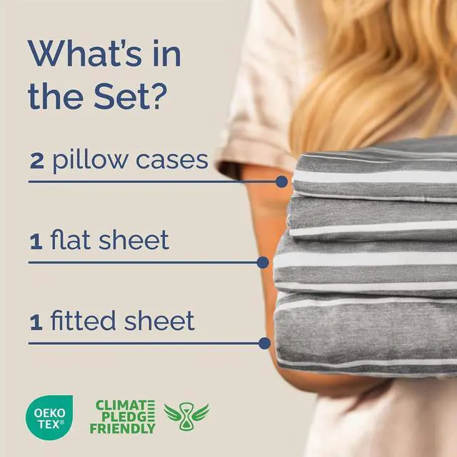 Alt view image 2 of 7 - Queen Size 4 Piece Sheet Set - Comfy Breathable & Cooling Sheets - Hotel Luxury Bed Sheets for Women & Men - Deep Pockets, Easy-Fit, Soft & Wrinkle Free Sheets - Grey Stripes Oeko-Tex Bed Sheet Set